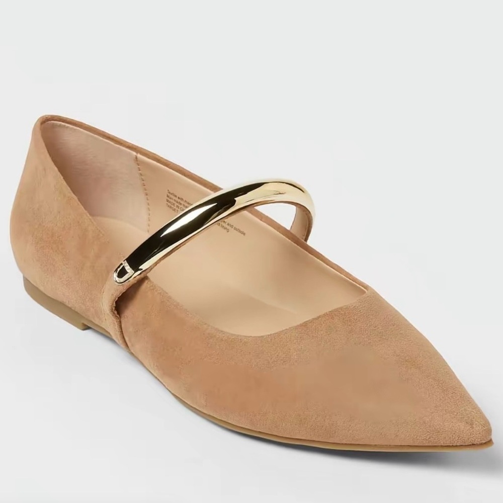 a new day Cassidee Pointed Mary Jane Flats in Tan with Gold Strap